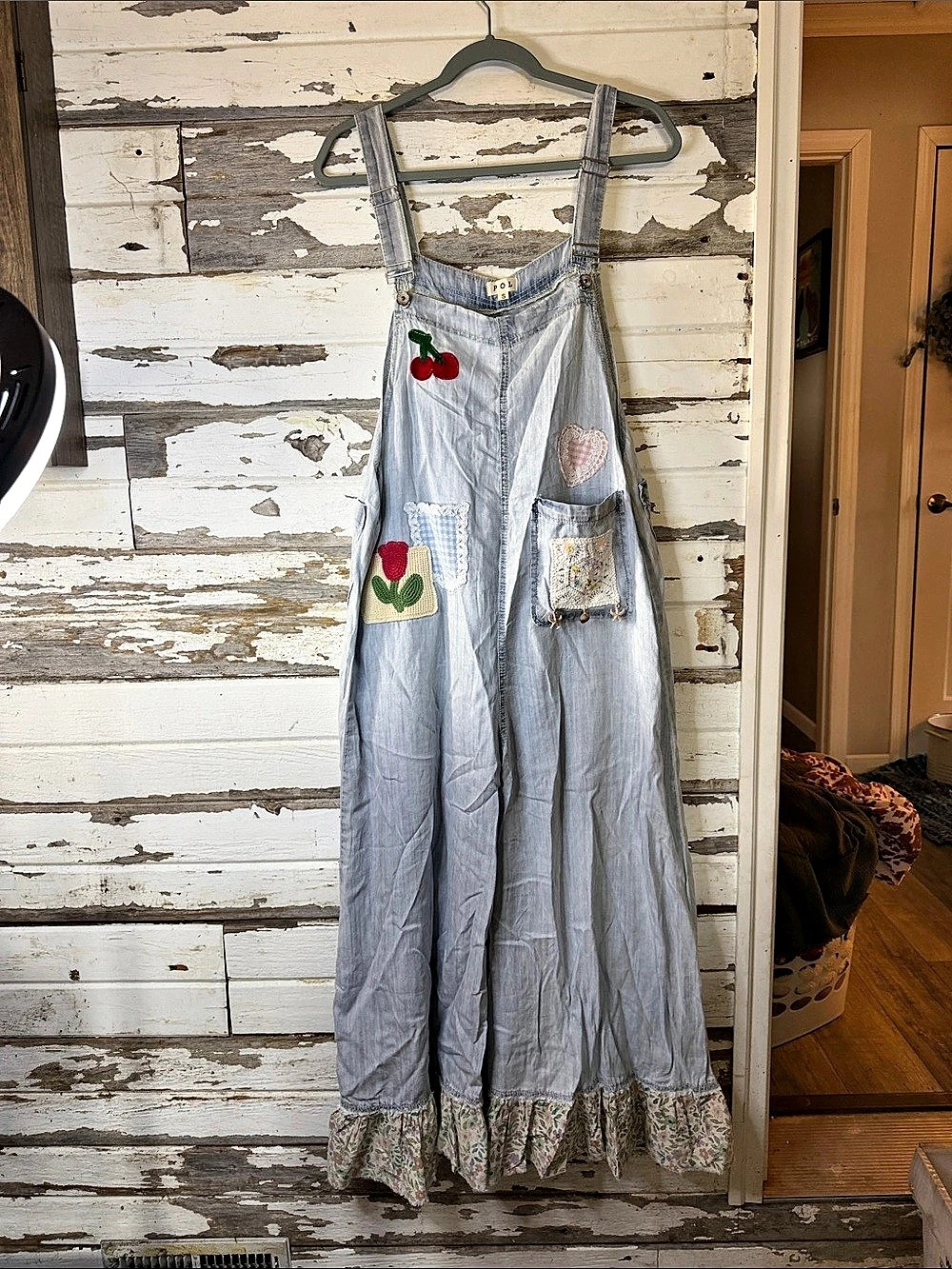 POL Floral Patchwork Embroidery Denim Overalls Blue & White Small ( 1133 A
